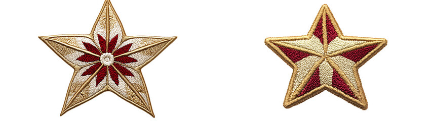 Golden embroidered star patch with red and white accents perfect for decoration or apparel enhancement on jackets and bags isolated