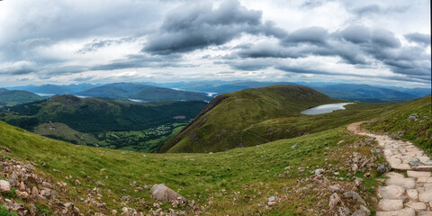 Stony walking hiking trail path on the tourist route up to Ben Nevis in Great Britain,Grampian mountain range,Scotland