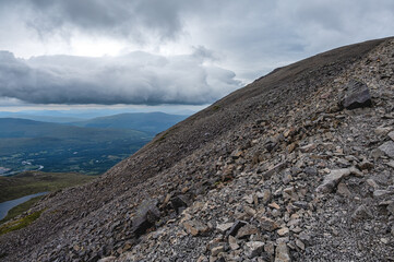 Top of cloudy Ben Nevis in Scotland