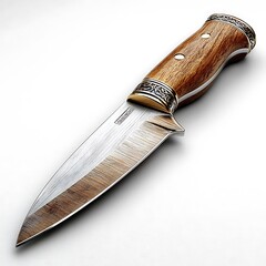 A close up shot of a hunting knife with a wooden handle and a shiny metal blade