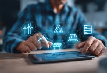 Person using tablet, interacting with renewable energy icons