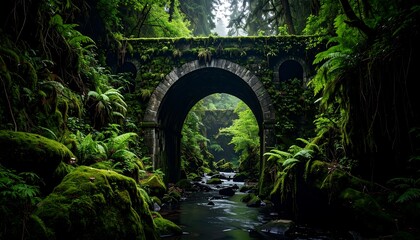 Obraz premium Moss-covered stone arch bridge over a tranquil stream in a lush, green forest
