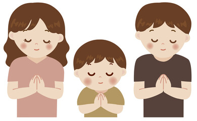 合掌する家族のかわいいイラスト