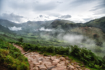 Stony walking hiking trail path on the tourist route up to Ben Nevis in Great Britain,Grampian mountain range,Scotland