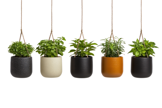 Hanging Planters with Greenery: Five stylish hanging planters showcase lush, vibrant green plants, each suspended gracefully by a slender cord. A minimalist indoor garden.