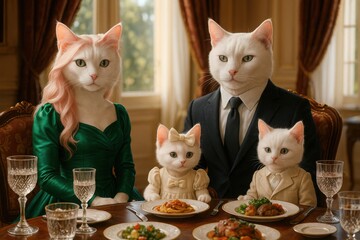 Cat family dressed elegantly sitting at a luxurious dining table in a grand mansion

