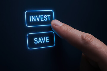 Invest and save options on digital screen with finger pressing invest button symbolizing quality financial balance and cost management