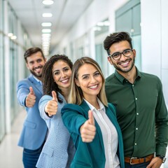 Diverse group of smiling business professionals giving thumbs up in office hallway
