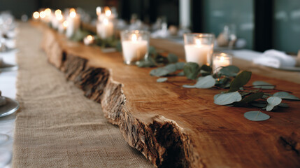 Rustic wooden table centerpiece with candles and eucalyptus leaves  