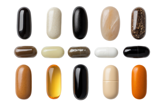 Vitamin Capsule Assortment: A photorealistic, diverse array of vitamin capsules, each showcasing a unique color and shape, creating a visually engaging depiction of health and wellness.