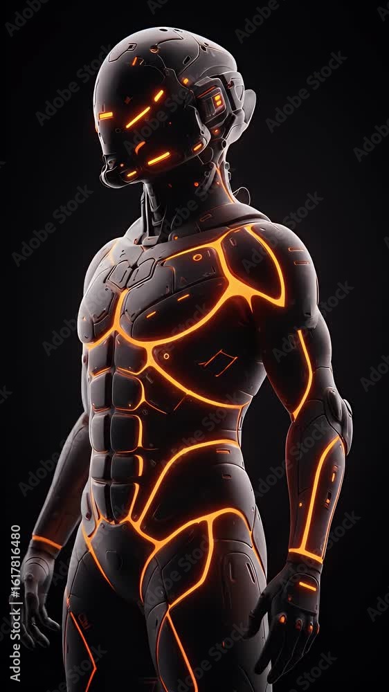 Poster 3d render of futuristic cyberpunk robot with glowing orange circuits on black background