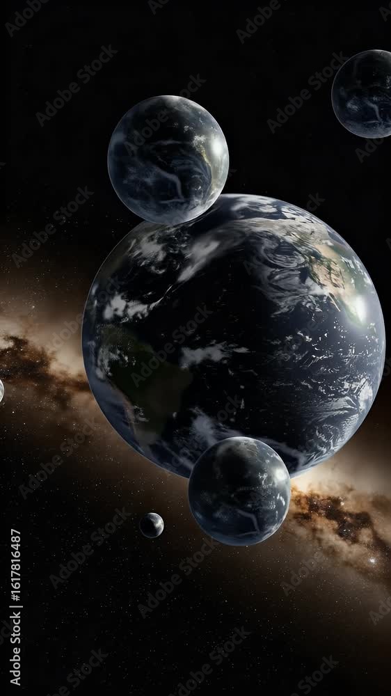 Poster 3d render of earth and planets in space with milky way background