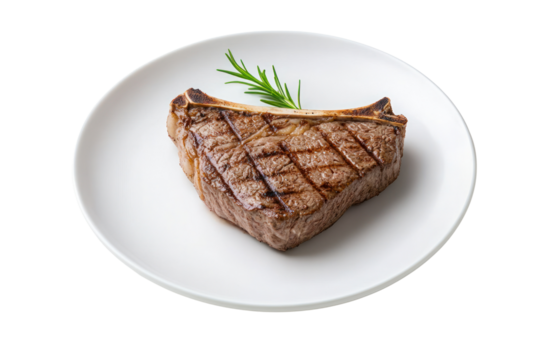 Grilled Steak Delight: A perfectly grilled steak, its surface marked with a delightful crosshatch pattern, rests elegantly on a pristine white plate, garnished with a sprig of fresh rosemary.