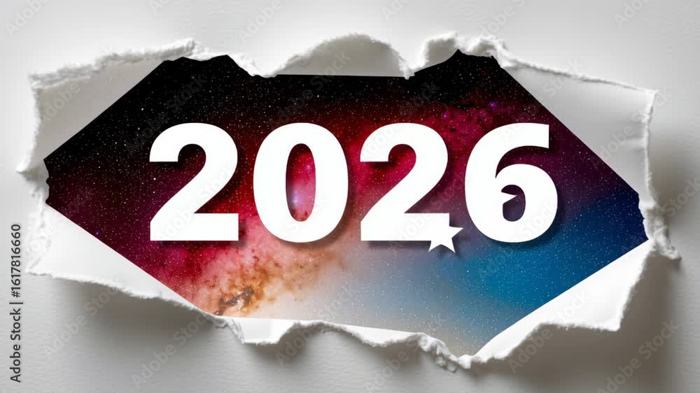 Poster torn paper revealing vibrant cosmic scene with the year 2026 prominently displayed, symbolizing futu