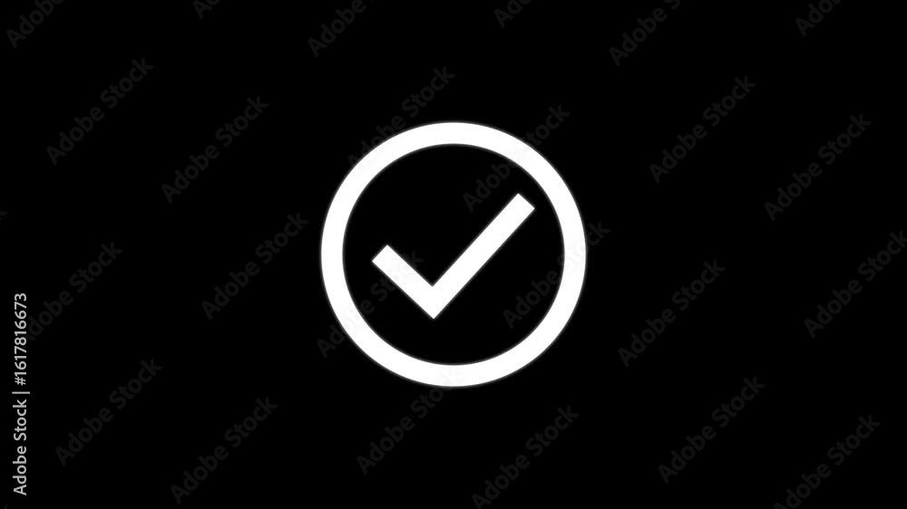 Poster white check mark inside an oval on a black background symbolizing confirmation or completion