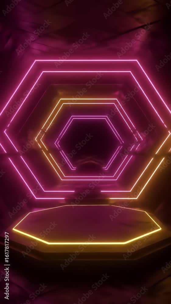 Poster 3d rendered hexagonal neon tunnel with purple lights and abstract background