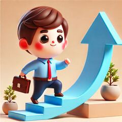 A cute 3D cartoon character of a businessman climbing an upward arrow