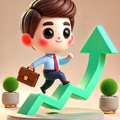 A cute 3D cartoon character of a young businessman climbing an upward arrow