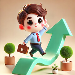 A cute, stylized 3D-rendered cartoon character of a young businessman climbing an upward arrow