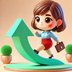A cute 3D cartoon character of a businesswoman walking an upward arrow