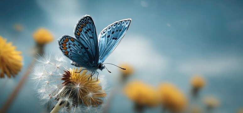 Fototapeta Close up of a blue butterfly on a dandelion seed head in nature