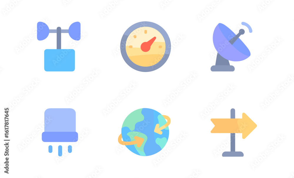 Poster essential weather and navigation icons in modern flat design