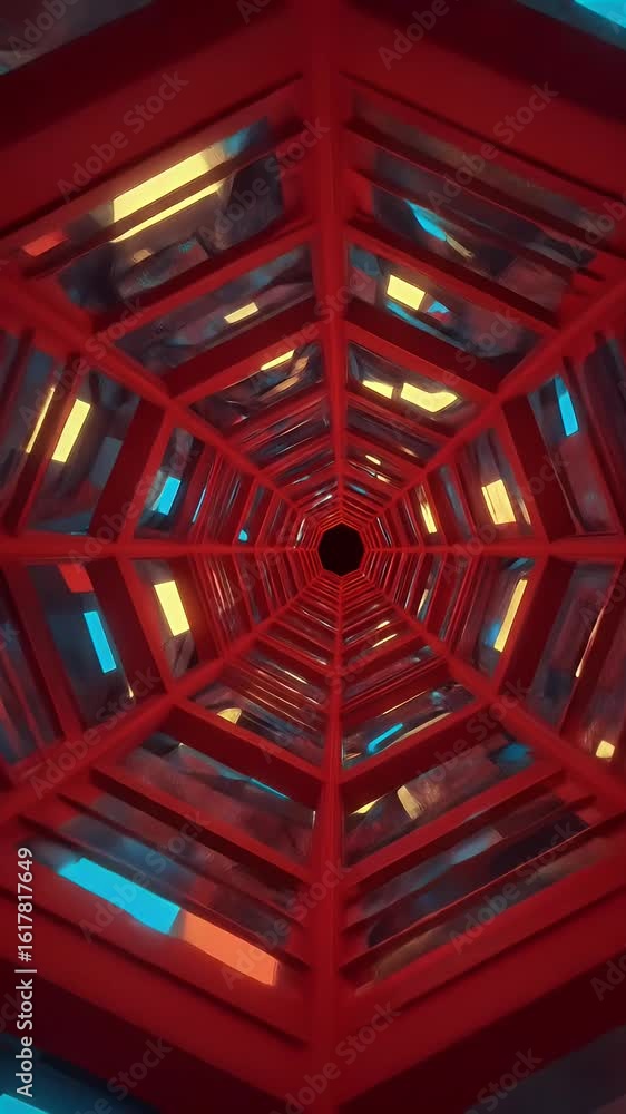 Poster 3d rendered red geometric tunnel with light and abstract design