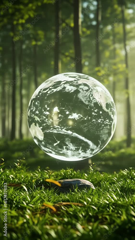 Aufkleber 3d rendering of a floating transparent earth globe in lush green forest setting