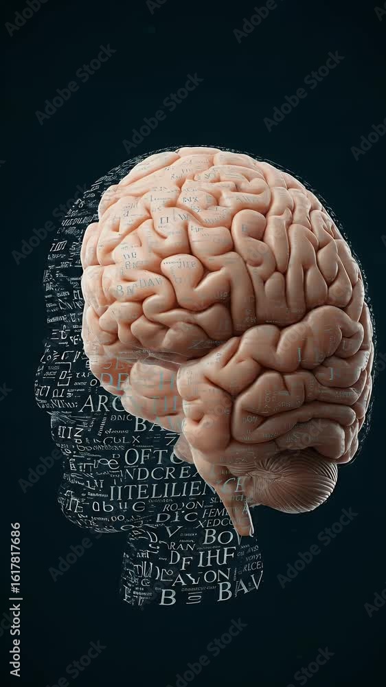 Poster 3d rendering of a human brain with silhouette and text on a dark blue background