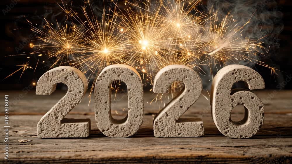 Poster decorative numbers 2026 made of textured stone, illuminated by sparkling fireworks in the background