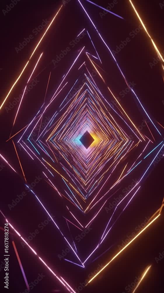 Poster Abstract 3D Animation of a Tunnel with Geometric Neon Shapes and Colorful Lights