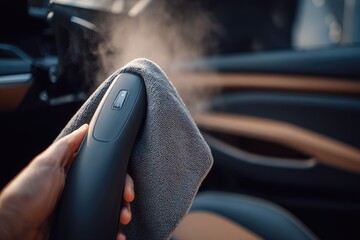 Close-up of a hand holding a handheld steamer, cleaning a car's interior with a microfiber cloth; steam is visible