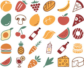 Collection of colorful food icons silhouette isolated on transparent background