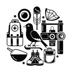Black line art icon set for birdwatching essentials