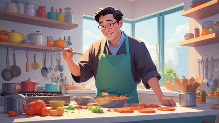 flat illustration. picture. A man dressed as a university graduate is cooking in the kitchen, there is a lot of food around. There are jokes. very minimalistic style. outline of the contour. style FLA