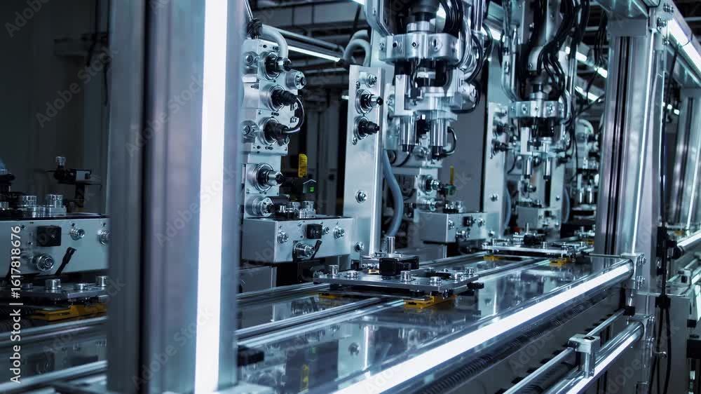 Poster close-up video of an automated assembly line with robotic arms, captured from a low angle, showcasin