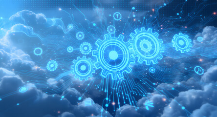 Cloud Computing Concept: Digital Gears & Data Streams in Abstract Sky, AI, System Integration & Network Technology