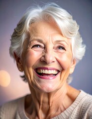 Portrait of a beautiful elderly woman with white hair laughing heartily. Concept of graceful aging and vitality.