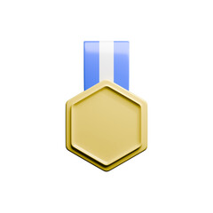 Straight-on View 3D Render of Hexagonal Award Badge with Blue Ribbon