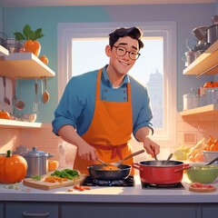 flat illustration. picture. A man dressed as a university graduate is cooking in the kitchen, there is a lot of food around. There are jokes. very minimalistic style. outline of the contour. style FLA