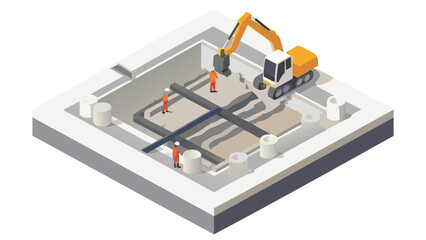 Isometric view of construction site with excavator workers and pipeline installation project shown