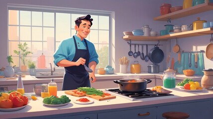 flat illustration. picture. A man dressed as a university graduate is cooking in the kitchen, there is a lot of food around. There are jokes. very minimalistic style. outline of the contour. style FLA