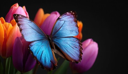 Blue Morpho Butterfly resting on colorful tulips against a dark background
