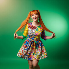 portrait of a smiling girl. Cheerful young woman with ponytails in colorful outfit posing on a vibrant green background.