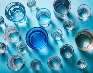  Many various glasses with fresh water on a blue table on pale blue background .Generated image