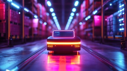 Futuristic Autonomous Robot Detail in a Warehouse Setting with Neon Lighting