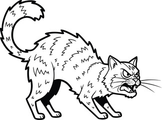 Obraz premium Fierce black cat arches back hissing with sharp teeth and angry eyes