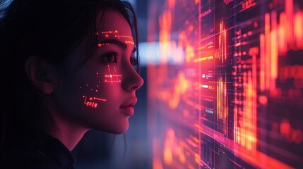 Futuristic Young Woman Interface with Glowing Data Stream on Holographic Display