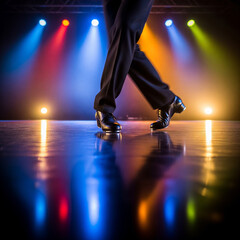 people dancing in the nightclub. dancing on stage. Tap dancer's feet clicking heels on polished stage with colorful spotlights.