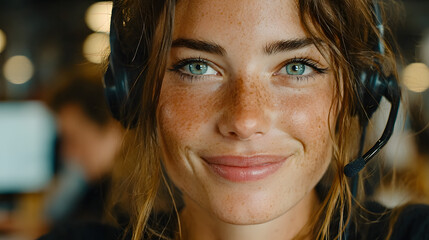 A smiling customer service representative wearing a headset, ready to assist clients with a positive attitude.